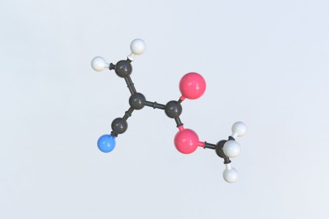 3D model of molecular structure of cyanoacrylate glue, the main component of VenaSeal medical suparglue