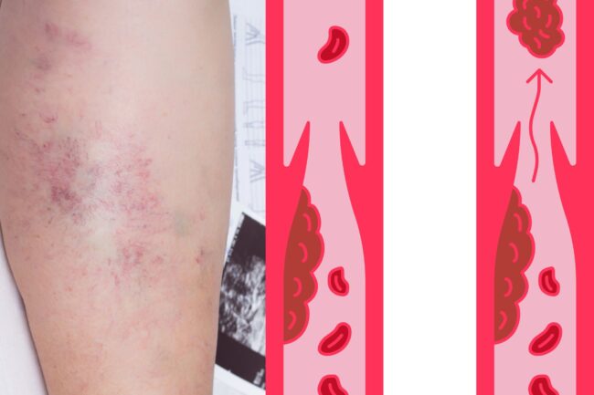 External view of lef with darkened veins and redness in the skin, indicating a blood clot. Next to it is an illustration of two veins with clotting in them.